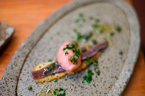 Anchovy and tomato sorbet at Movida, Melbourne