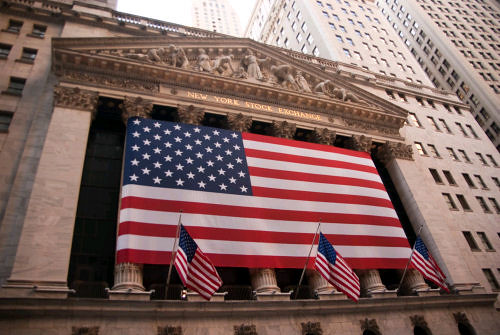 American flag on Wall Street, NY