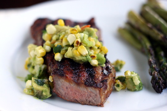 New York Strip with Grilled Corn and Avocado Salsa