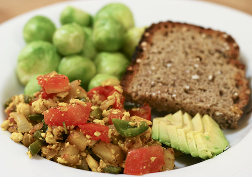 Tofu Scramble with Brussels Sprouts, No Knead Bread and Avocado