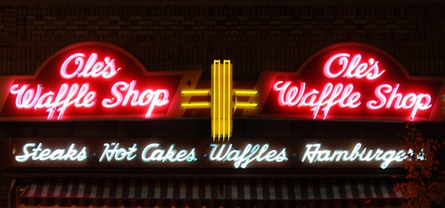 Ole's Waffle Shop Sign at Night