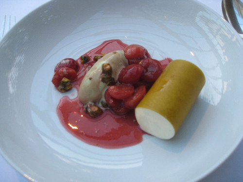 Midsummer House, Cambridge, UK - warm braised cherries with pistachio ice cream with cream filled pistachio “cannelloni” shell and (underneath) chartreuse tagliatelle