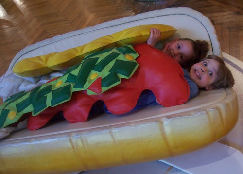Oliver and Lydia as a hotdog