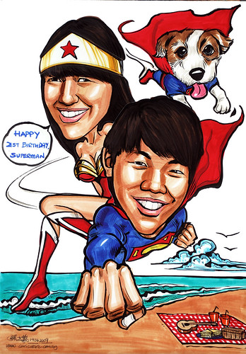 Couple caricature Super man Wonder woman Superdog