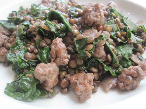 French green lentils with homemade sausage, kale and red wine