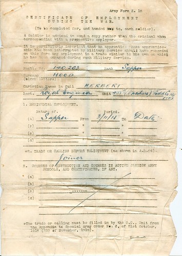 WW1 Certificate Of Employment - Army Form Z.18- Part I
