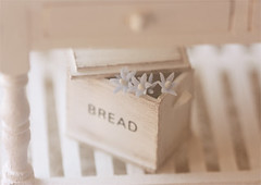 Dollhouse Miniature Bread Box and Blue Flowers