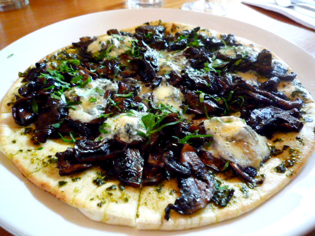 Filed mushroom, basil pesto and St Agur blue cheese pizza