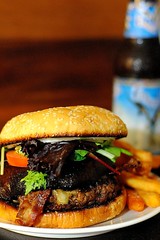 Sunshin Burger: 200g patty, bacon, melted cheese, portobello mushroom. With Flying Dog's Doggie Style Classic Pale Ale