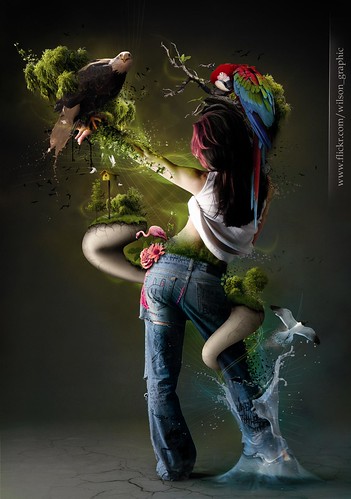 A girl in jeans entwined with objects in Nature, created with PhotoShop