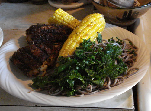 Chicken, corn, kale and soba
