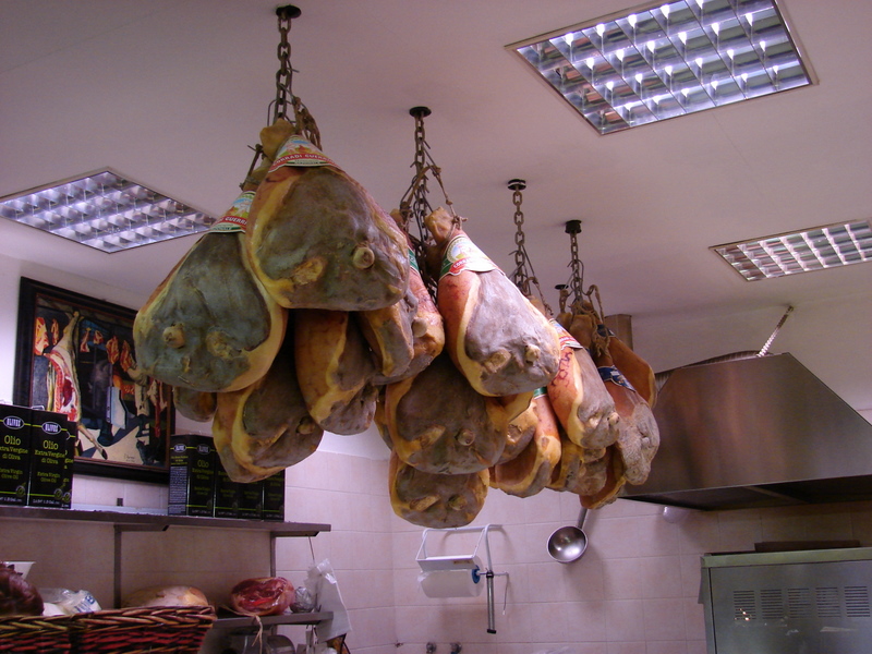 Parma ham in Bolgna market