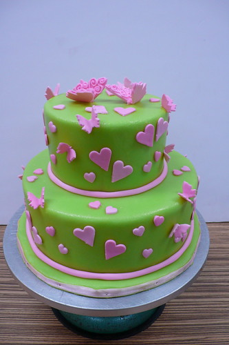 pink and white zebra cake. green pink hearts butterflies
