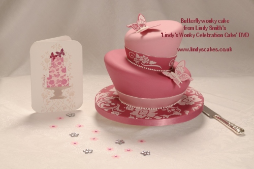 Stenciled Butterfly Wonky Wedding Cake from Lindy's wonky cake DVD
