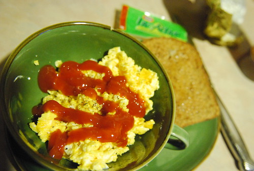 Scrambled eggs, cheese and toast