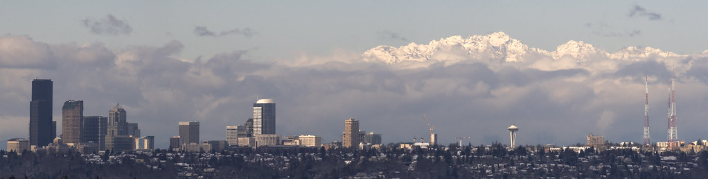 Downtown seattle and the Olympic mountains