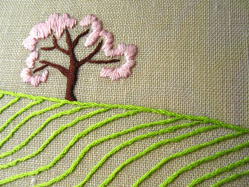 APPLE TREE IN THE FIELDS - SPRING hand embroidered original wall art