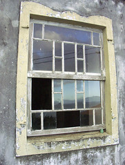 window with reflection of village, Santo Amaro, Pico