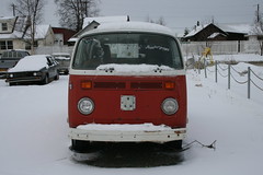 Red Bay Window VW Bus with snow on the roof in Wasilla, Alaska - Front View