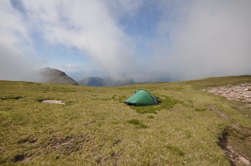 Mist lifting from camp on Cul Mor