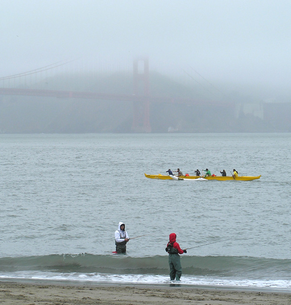 Fishermen and kayakers at Golden Gate Bridge