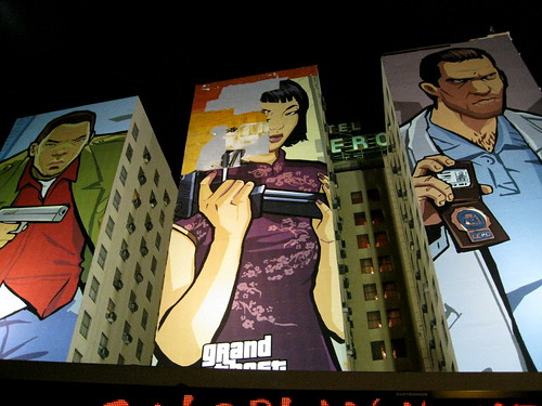 Grand Theft Auto ad on the side of the Hotel Figueroa downtown by beastandbean.