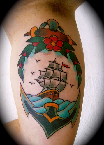  old school anchor and boat tattooed by johannes skindeeplove, 