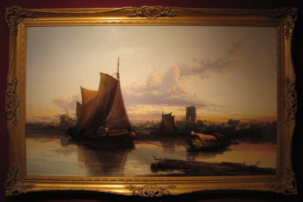 James Webb (British, 1825-1895) Sunset over Dordrecht Harbour. Oil on canvas. 28 3/4 by 49 in.