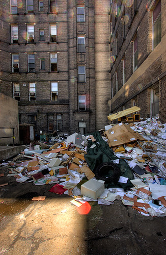 debris dumped from interior of Michael Reese Hospital building, photo: a href=