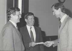 Mr Don Roberts (centre) presents a donation to Dr Roger Smith while Lord Mayor John McNaughton looks on, the University of Newcastle, Australia - 1989 by Cultural Collections, University of Newcastle