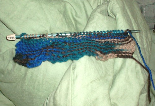 Blue and tan Patons Classic Merino garter stitch scarf