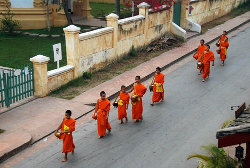 monks going for morning alms, luang prabang
