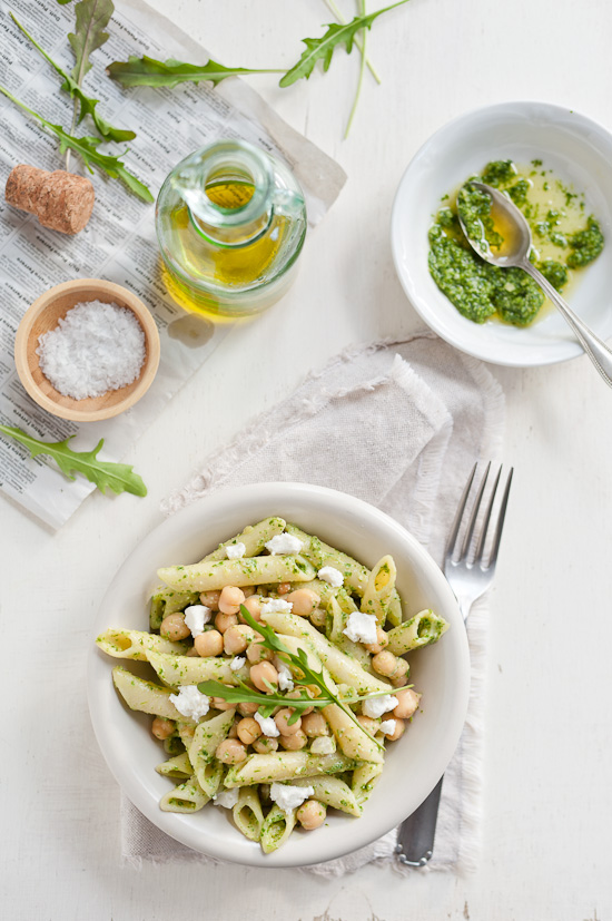 Penne with Rocket Pesto, Chickpeas and Goat Cheese