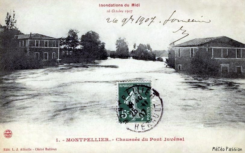 crue du Lez au pont Juvénal à Montpellier le 16 octobre 1907