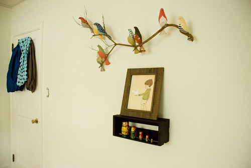 finn's room :: mama-made bird branch, belle and boo print, russian nesting dolls, a glimpse at our sling collection