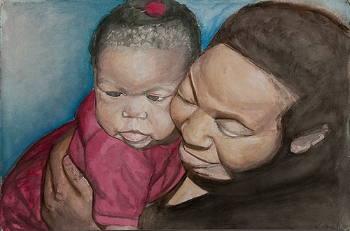 watercolor of a smiling woman holding a baby up to her face