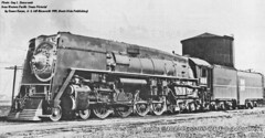 Western Pacific Railroad GS 64 Class 4-8-4 steam locomotive # 484. Stockton California 1950. From the internet.