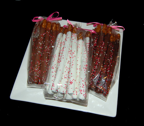pink red and white chocolate dipped pretzels