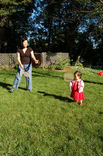 Nan and Aki playing badminton