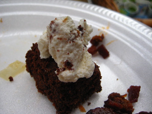 Brownie with bacon whip cream