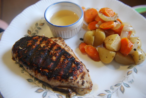 Grilled chicken and roasted potatoes/carrots with white balsamic vinegar