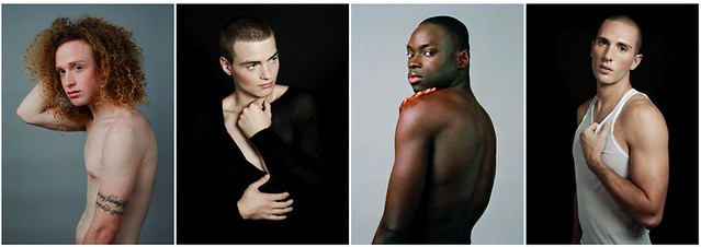 Four photographs from Sophia Wallace's series On Beauty, with a male model in each. The first one is a white man with large, red hair. His shirt is off and he is slumped over, not looking directly at the camera, his right arm reaches back to touch his hair. The second photograph features a man wearing a black shirt that blends into the black background. His light skin pops out from the dark background. He has close-cropped hair, is not looking at the camera, and clutches part of his clothing close to him, as if to cover himself defensively. The third picture features a black man looking over his shoulder at the camera. He is shirtless, and has crossed his right hand over his chest, so that you see his fingers lying over his left shoulder. He is slightly off -balance, not standing up quite straight. In the final photograph, a light-skinned man in a white tank top looks directly at the camera. He clutches at the nape of his tank top with his left hand.