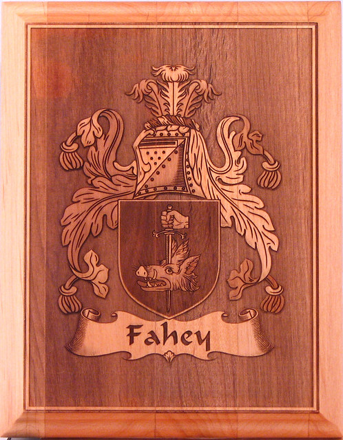 Coat of Arms for the Fahey family. Laser engraved in a 7" x 9" alder wood plaque.