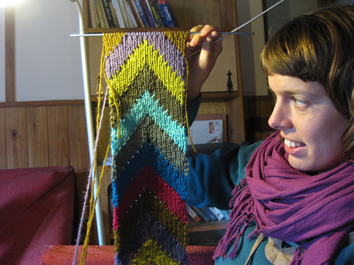 knitting a scarf on a rainy day. El Chalten.