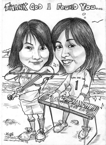 caricatures of keyboarder and violist at beach