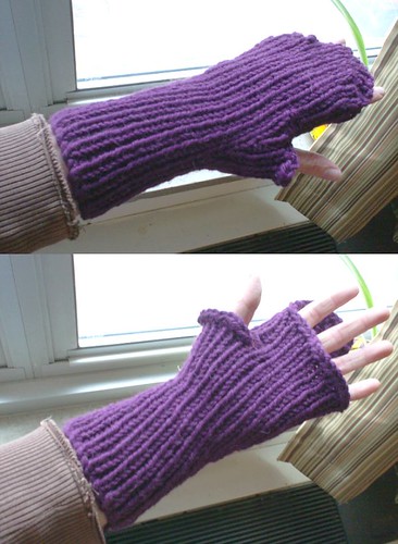 Closeup of warm purple fingerless mittens