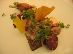 roast rabbit with shiso, turnip, pickled ramps, mustard tuile and blood sausage