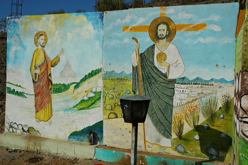 Saint and Christ, Nuestra Señora de Guadalupe, Religious Folk Art Painting, Hillside shrine, Hermosilla, Mexico by Wonderlane