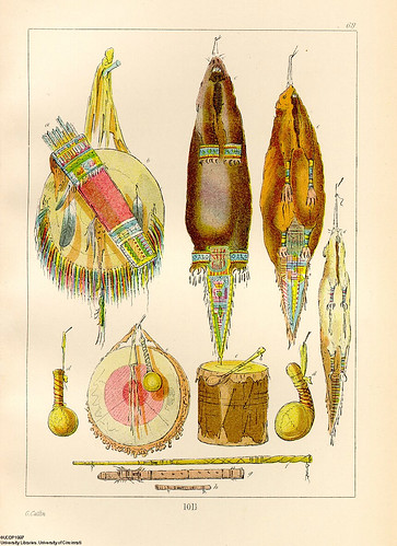 016-Escudo y carcaj-bolsas de tabaco-instrumentos musicales-Geroge Catlin 1841