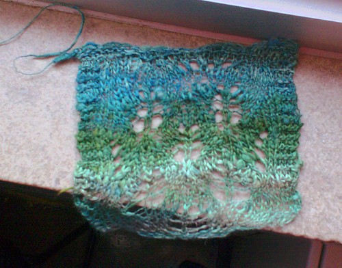 Spindle handspun laceweight silk yarn hand dyed green brown and blue swatch for Aeolian Shawl